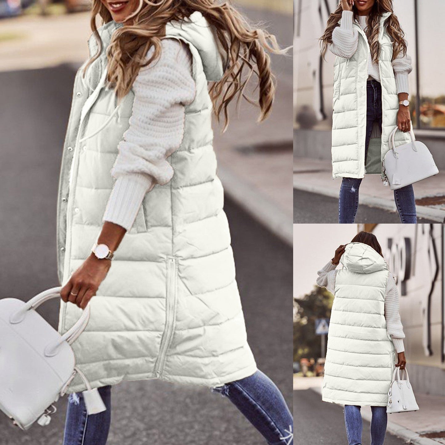 Gilet Lungo Imbottito con Cappuccio da Donna - Image 6