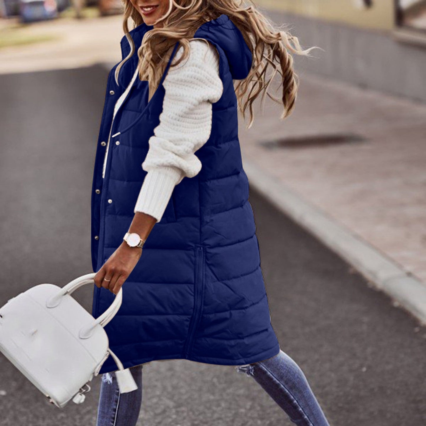 Gilet Lungo Imbottito con Cappuccio da Donna - Image 2