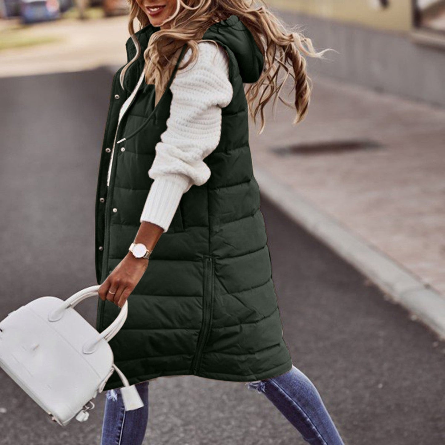 Gilet Lungo Imbottito con Cappuccio da Donna - Image 3
