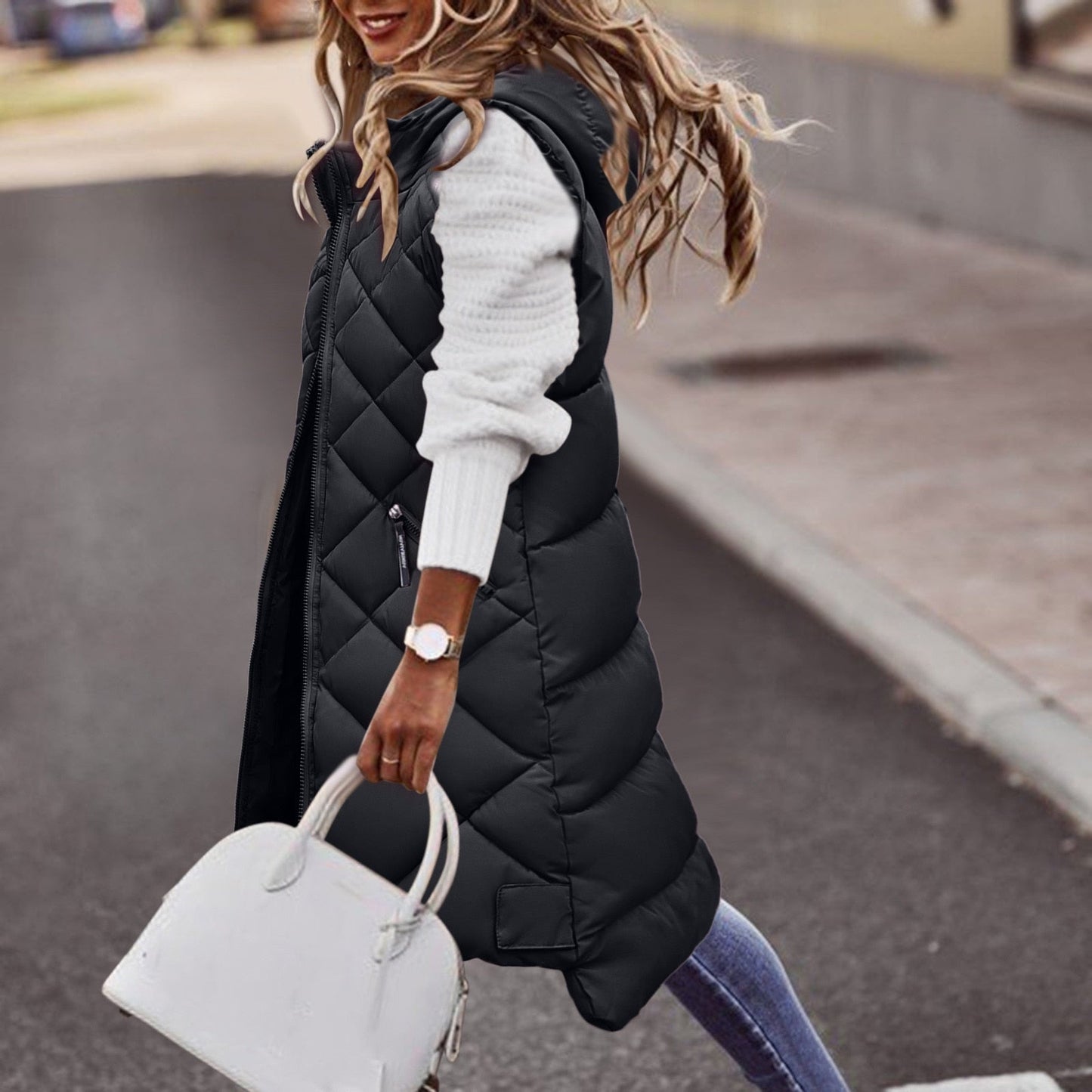 Gilet Lungo Imbottito con Cappuccio da Donna - Image 4