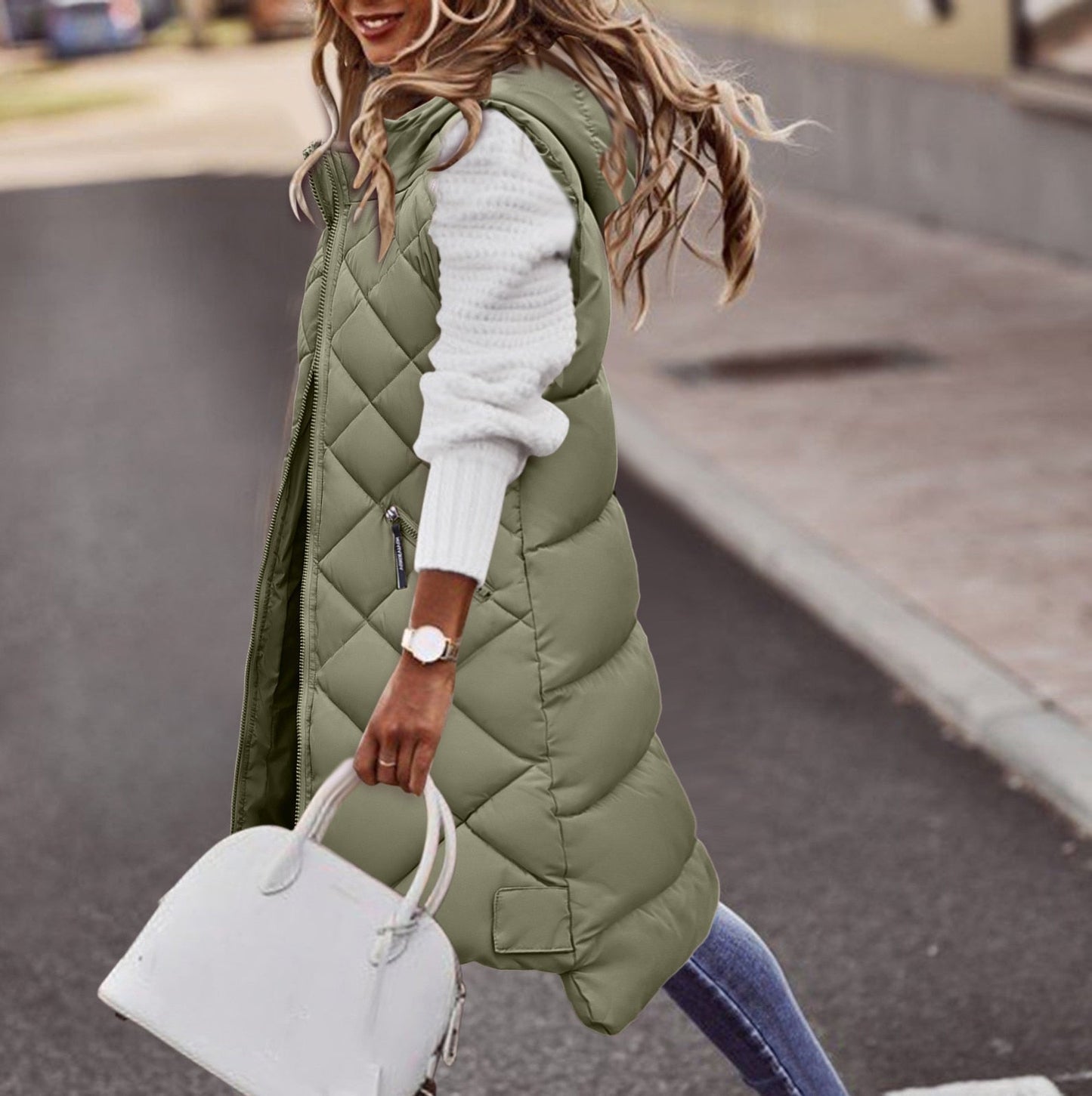Gilet Lungo Imbottito con Cappuccio da Donna - Image 3