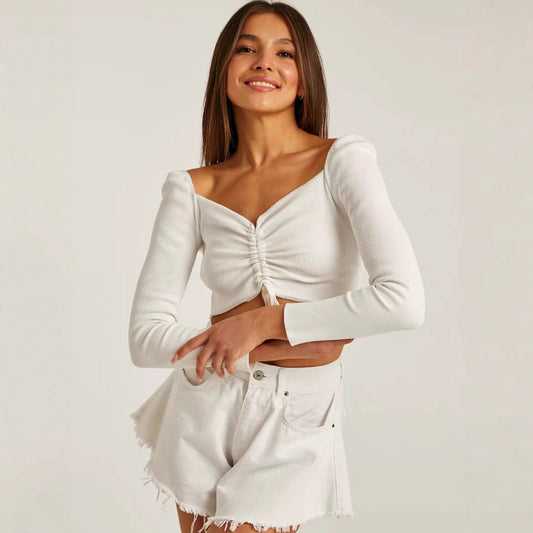 Top da donna a maniche lunghe con dettaglio arricciato sul davanti - Image 1
