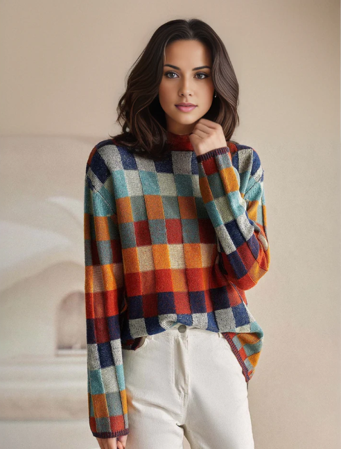 Maglione da donna a quadri a maniche lunghe - Image 7